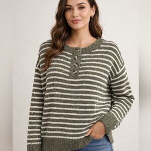Mittoshop Olive Green White Stripe Chenille Henley Sweater Top NWT